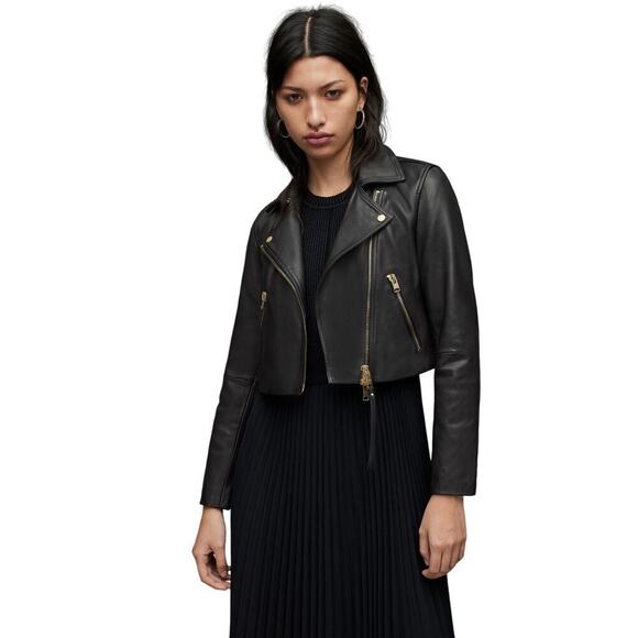NWT AllSaints Dalby Cropped Leather Asymmetrical Moto Biker Jacket Black Size 4 - Picture 1 of 9